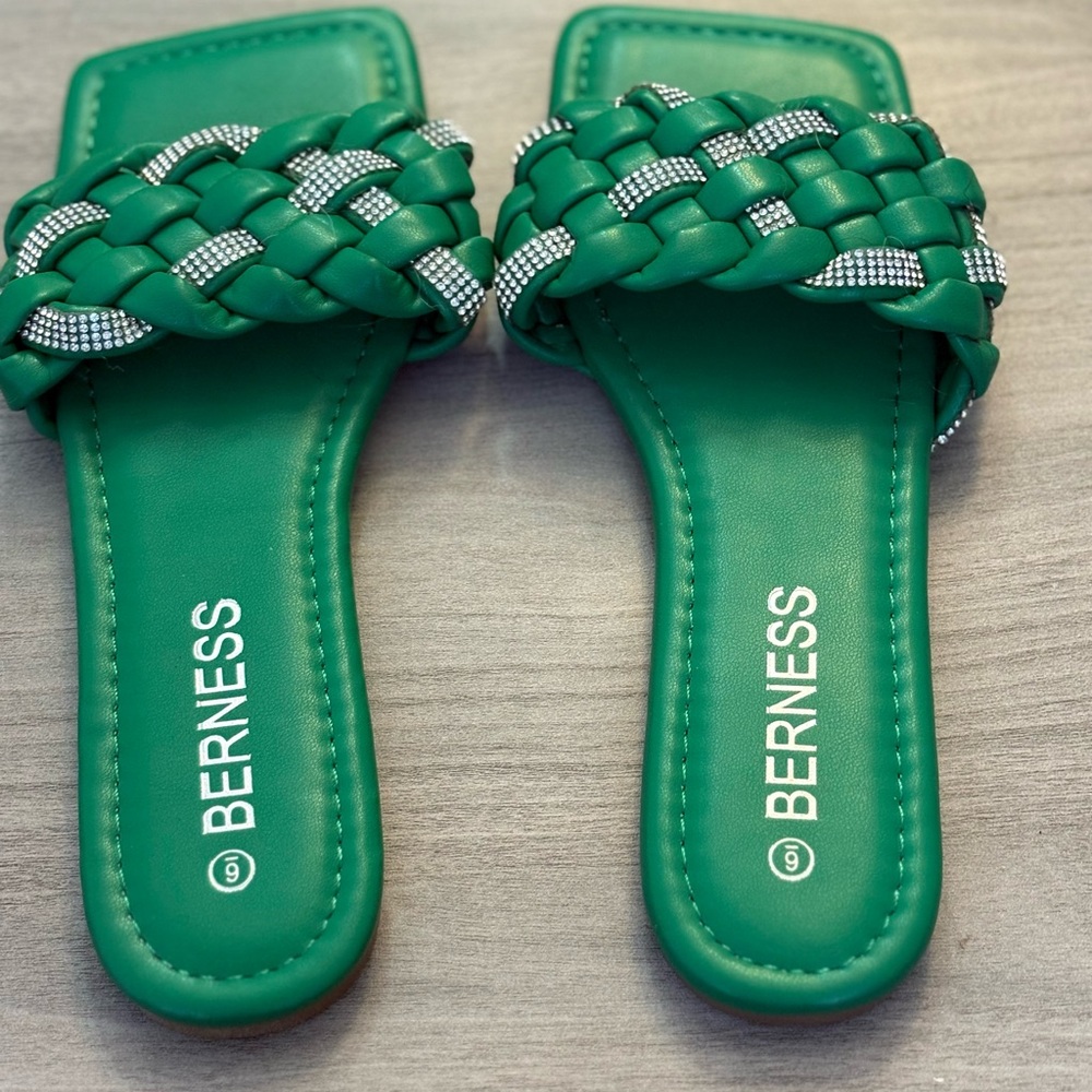 Berness Green Braided Rhinestone Slide Sandals